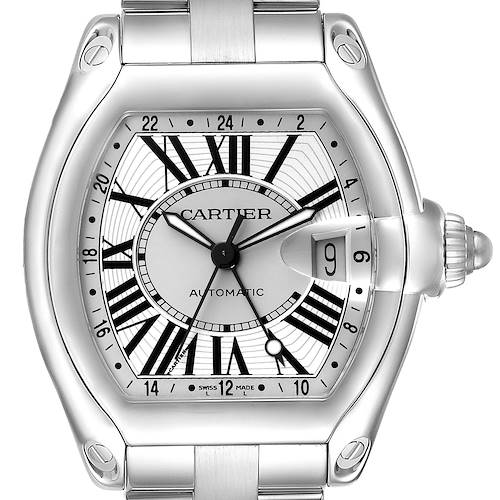 The Cartier Roadster W62032X6 Men's Stainless Steel Silver Dial watch is shown from a top-down angle, highlighting its dial, case, and part of the bracelet.