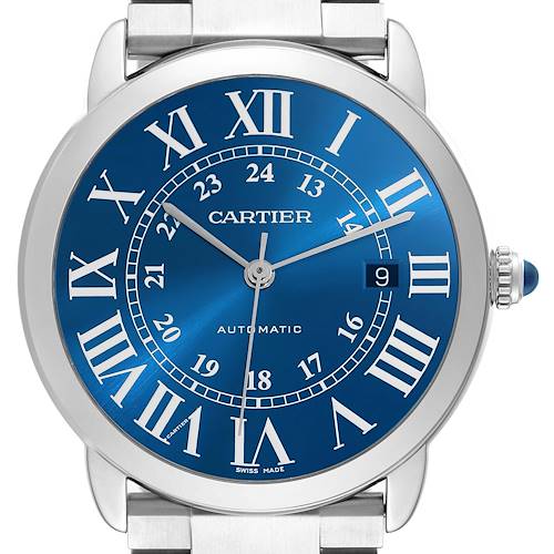 The image shows a frontal view of the Cartier Ronde WSRN0023 Men's Stainless Steel Blue Dial watch, highlighting its blue dial, Roman numerals, and metal bracelet.