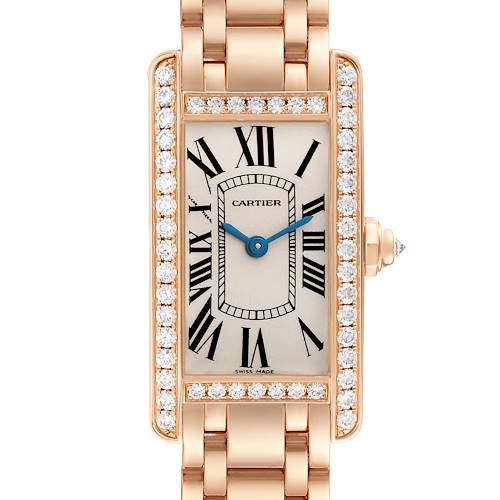 This image shows a front view of the Cartier Tank Americaine WB7079M5 Women's Rose Gold Silver Dial WB7079M5 Women's Rose Gold Silver Dial watch, highlighting its rectangular face, Roman numerals, gold bracelet, and diamond accents on the bezel.