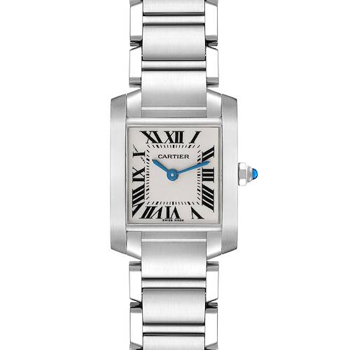 The image shows a frontal view of a Cartier Tank Francaise W51008Q3 Women's Stainless Steel Silver Dial W51008Q3 Women's Stainless Steel Silver Dial watch including its rectangular dial, bracelet, and crown with a blue gem.