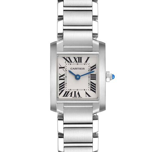 The Cartier Tank Francaise W51008Q3 Women's Stainless Steel Silver Dial watch is shown from a front view, displaying the dial, case, crown, and bracelet.