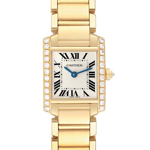 This image shows a Cartier Tank Francaise WE1001R8 Women's Yellow Gold Silver Dial WE1001R8 Women's Yellow Gold Silver Dial watch from the front, featuring a gold case with diamond accents and a gold bracelet.
