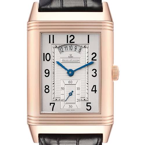 The Jaeger LeCoultre Reverso Q3742421 Men's Rose Gold Silver Dial watch is shown from the front, highlighting the dial, hands, and crown.