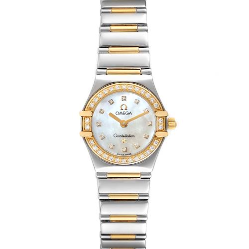 The image shows a front view of an Omega 1365.75.00 Women's Steel and Gold (two tone) Mother of Pearl Dial 1365.75.00 Women's Steel and Gold (two tone) Mother of Pearl Dial Constellation Steel Yellow Gold Diamond Ladies Watch 1365.75.00, highlighting its face, bezel, and bracelet.