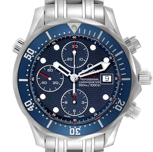 The image shows a frontal view of the Omega Seamaster 2225.80.00 Men's Stainless Steel Blue Dial 2225.80.00 Men's Stainless Steel Blue Dial watch, highlighting its dial, bezel, and bracelet.