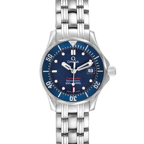 The image shows a front view of the Omega 2224.80.00 Women's Stainless Steel Blue Dial Seamaster Diver 300M 28mm Blue Dial Steel Ladies Watch 2224.80.00, highlighting the dial and bezel.