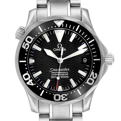 The Omega Seamaster 2252.50.00 Men's Stainless Steel Black Dial watch is shown from a top view, displaying the face, bezel, crown, and metal bracelet.