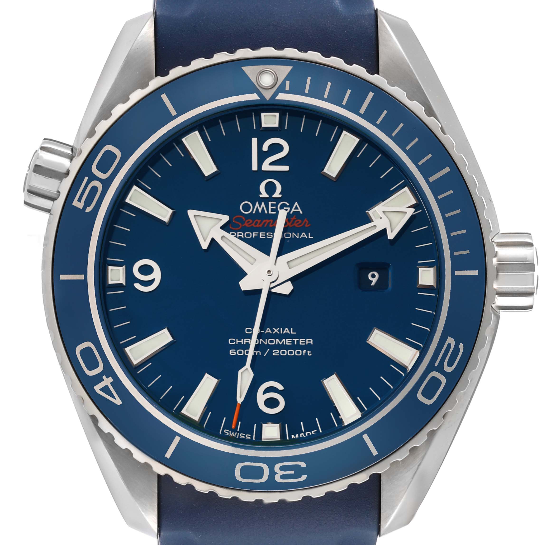 The image shows a front view of the Omega Planet Ocean 232.92.38.20.03.001 Men's Titanium Blue Dial 232.92.38.20.03.001 Men's Titanium Blue Dial model watch, highlighting its face, bezel, and crown.