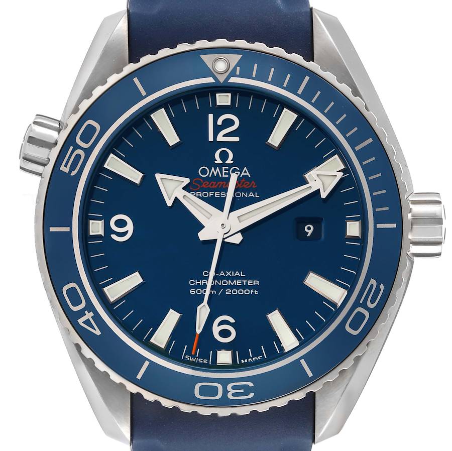 The image shows a front view of the Omega Planet Ocean 232.92.38.20.03.001 Men's Titanium Blue Dial 232.92.38.20.03.001 Men's Titanium Blue Dial model watch, highlighting its face, bezel, and crown.