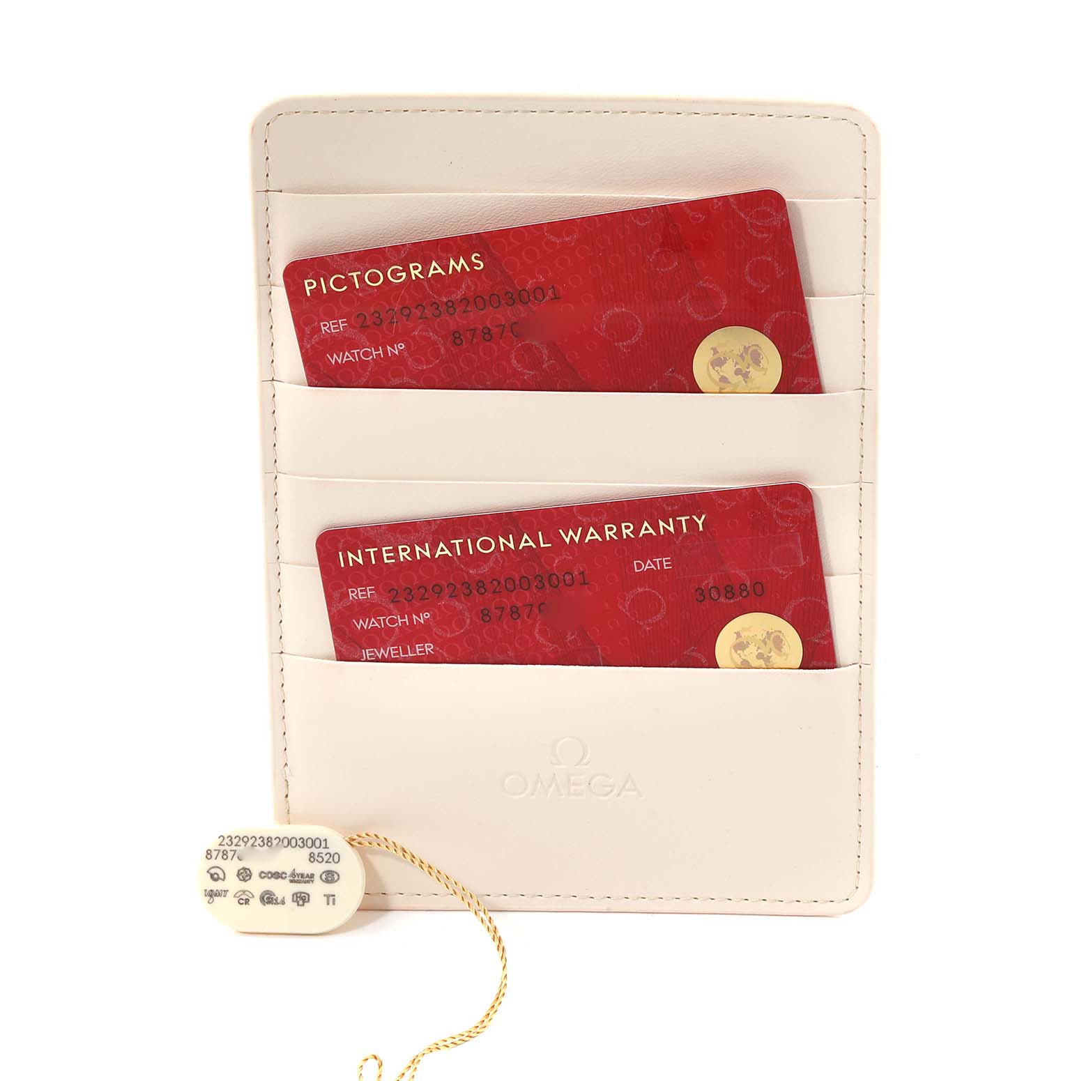 The image shows the warranty and pictograms cards for an Omega Planet Ocean 232.92.38.20.03.001 Men's Titanium Blue Dial 232.92.38.20.03.001 Men's Titanium Blue Dial watch, placed inside a white cardholder.