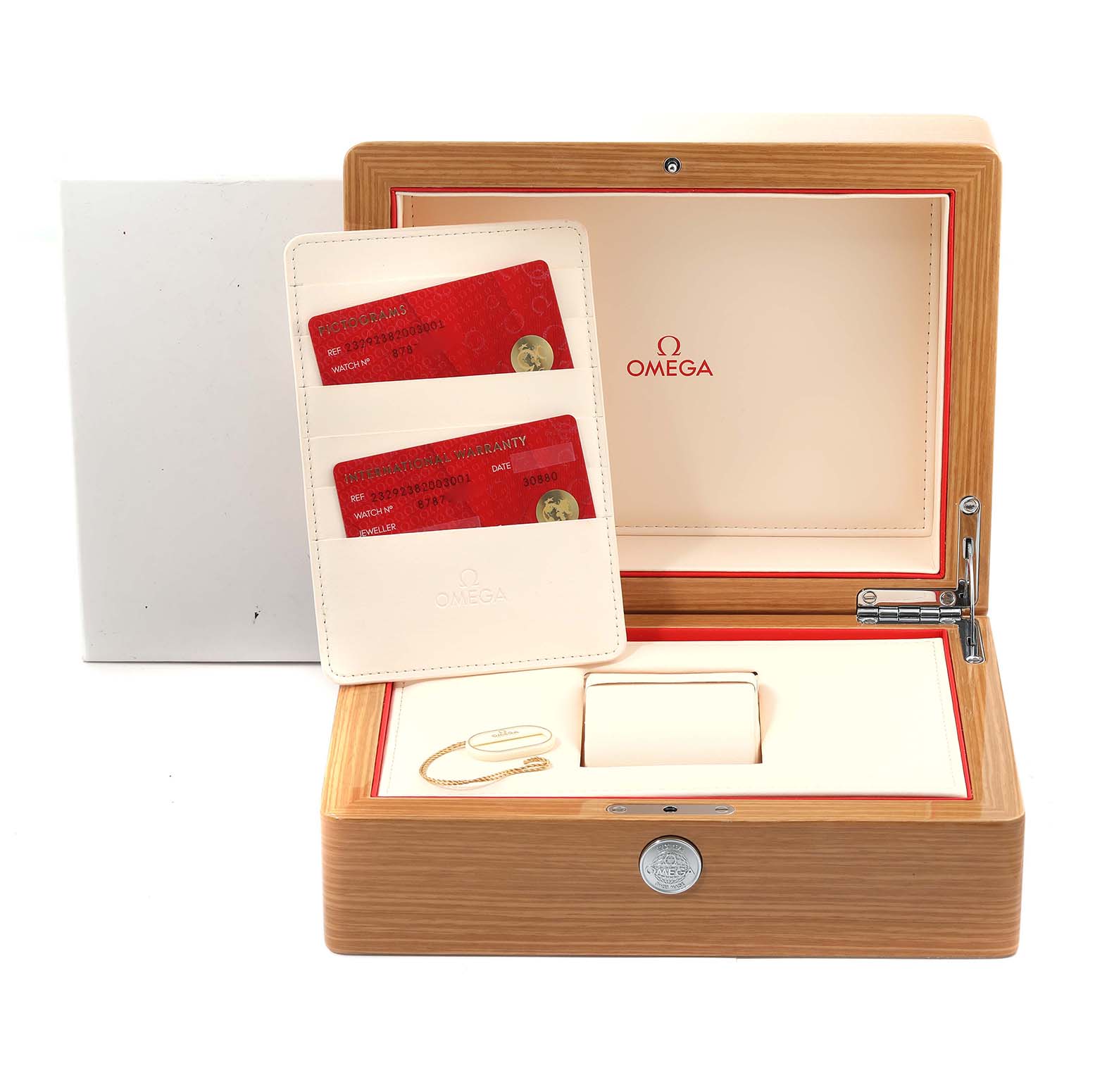 The image shows the Omega Planet Ocean 232.92.38.20.03.001 Men's Titanium Blue Dial 232.92.38.20.03.001 Men's Titanium Blue Dial watch box and accessories including warranty cards and a cardholder, viewed from the front.