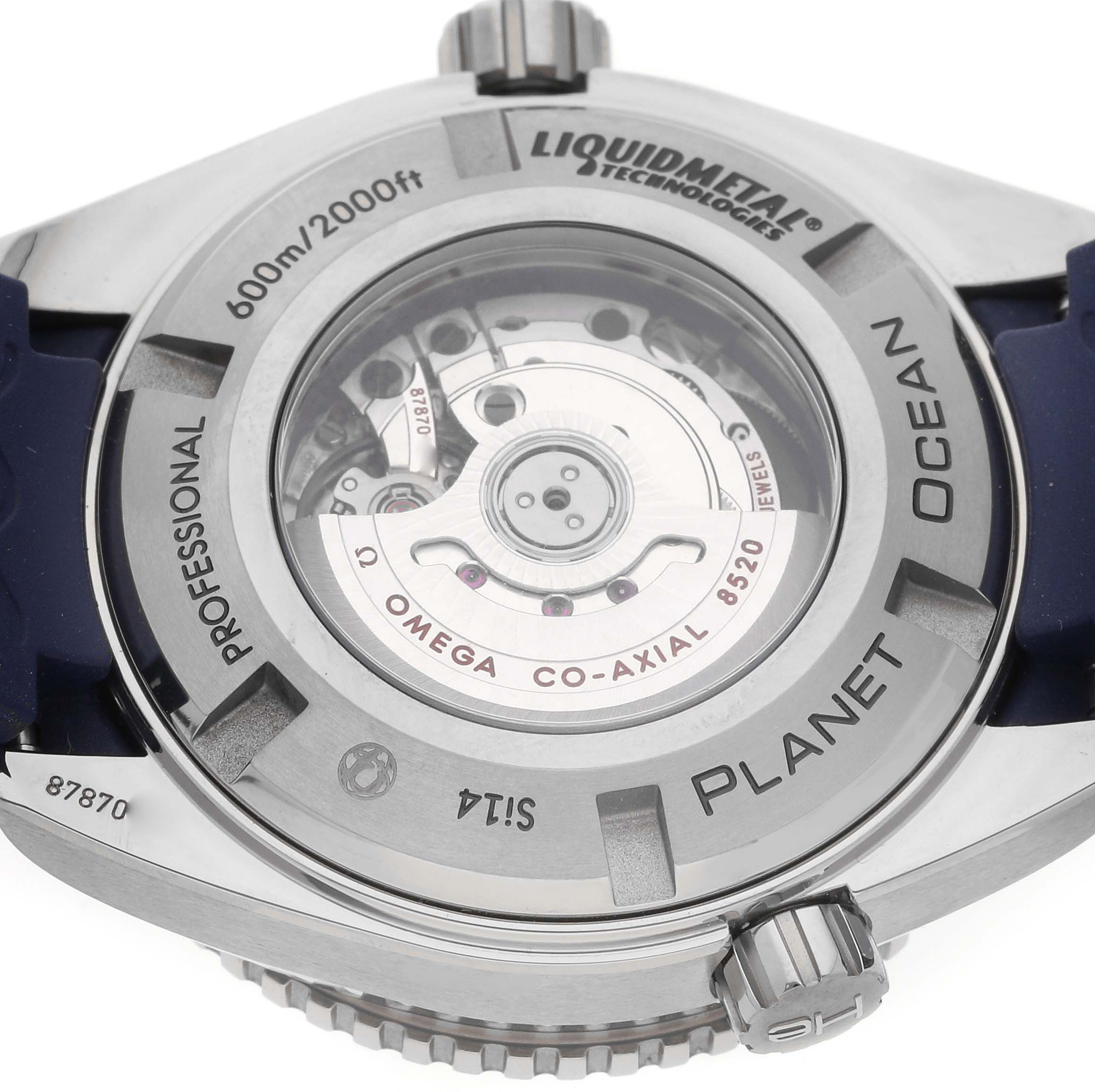 The image shows the case back of the Omega Planet Ocean 232.92.38.20.03.001 Men's Titanium Blue Dial 232.92.38.20.03.001 Men's Titanium Blue Dial watch, highlighting the movement and inscriptions.