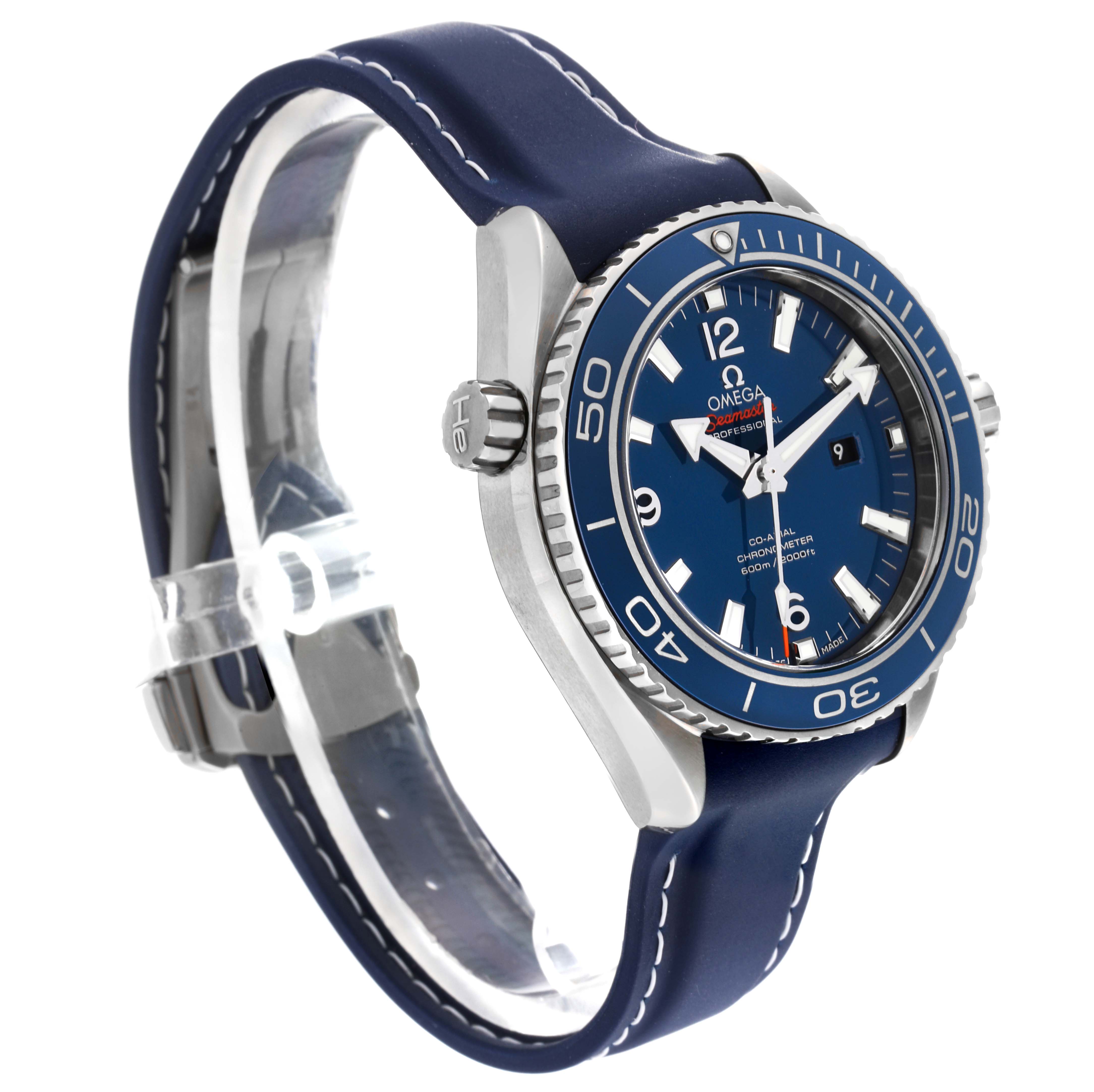 The image shows an angled view of the Omega Planet Ocean 232.92.38.20.03.001 Men's Titanium Blue Dial 232.92.38.20.03.001 Men's Titanium Blue Dial watch, displaying the face, crown, bezel, and blue strap.