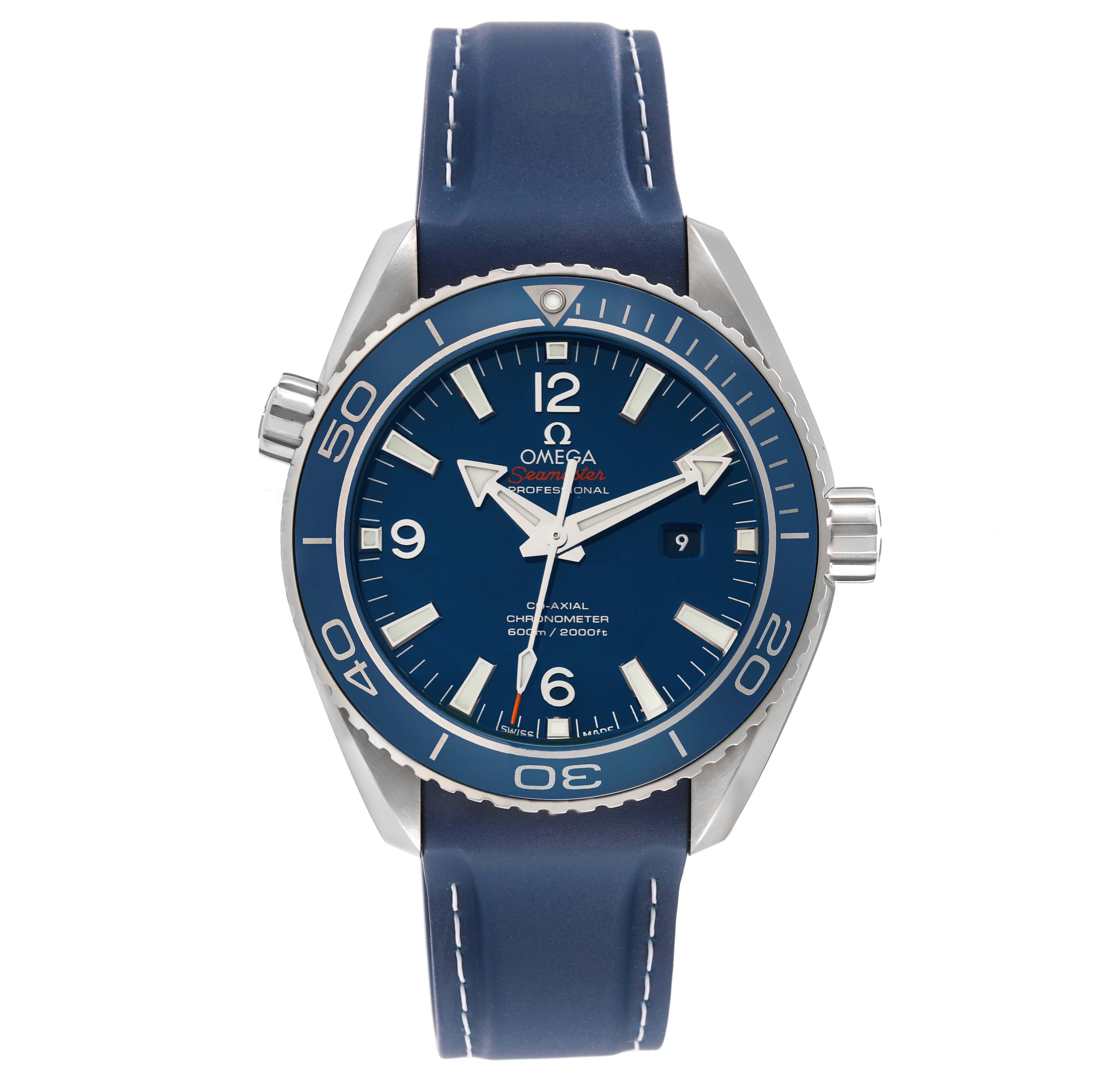 This image shows a front view of the Omega Planet Ocean 232.92.38.20.03.001 Men's Titanium Blue Dial 232.92.38.20.03.001 Men's Titanium Blue Dial watch, highlighting its bezel, dial, hands, and strap.