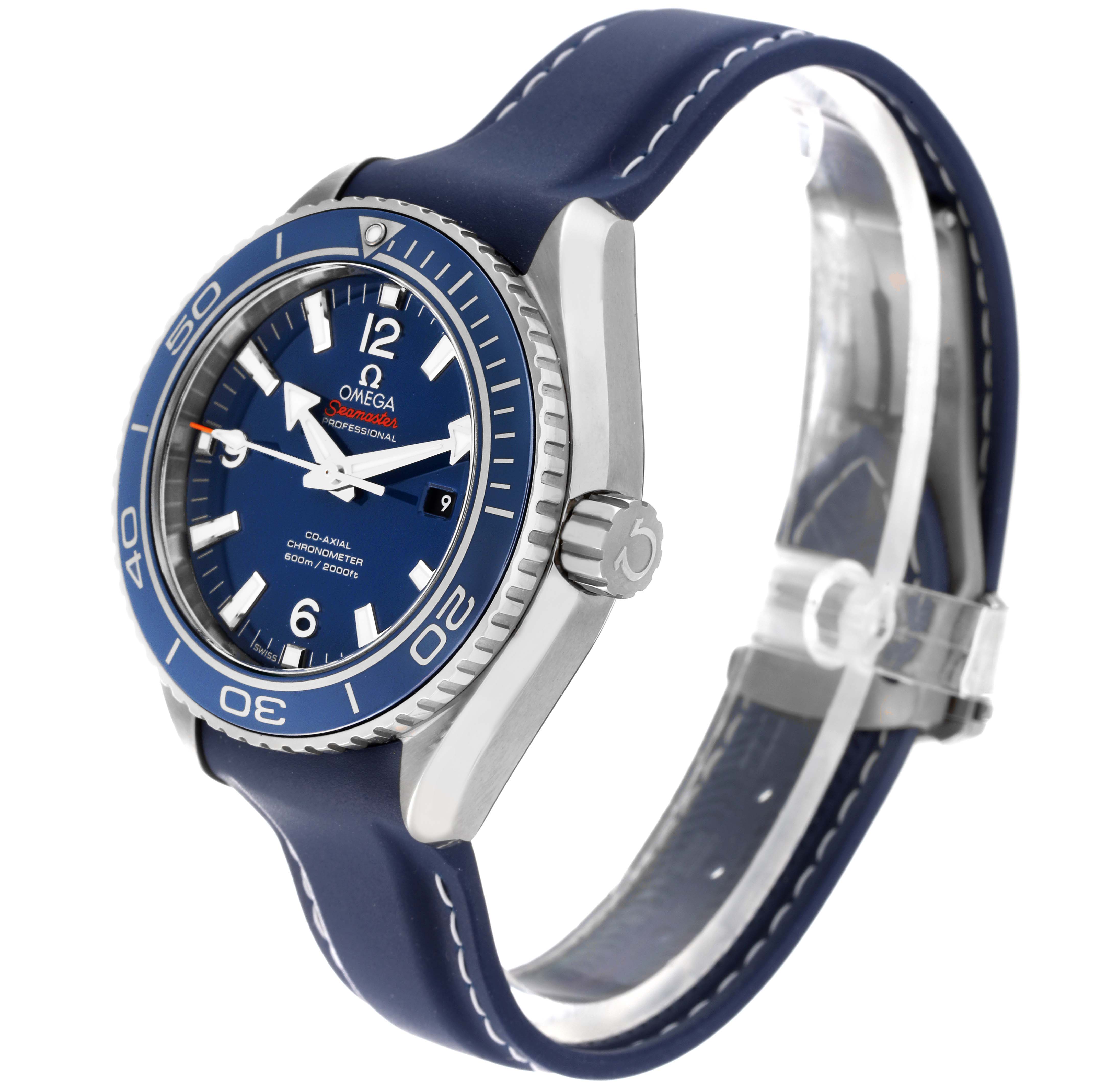 This image shows a side-angle view of the Omega Planet Ocean 232.92.38.20.03.001 Men's Titanium Blue Dial 232.92.38.20.03.001 Men's Titanium Blue Dial watch, featuring its bezel, dial, crown, and blue strap.