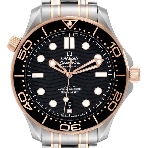 This image shows the front view of an Omega Seamaster 210.20.42.20.01.001 Men's Steel and Gold (two tone) Black Dial 210.20.42.20.01.001 Men's Steel and Gold (two tone) Black Dial model watch, highlighting its face, bezel, hands, and part of the bracelet.