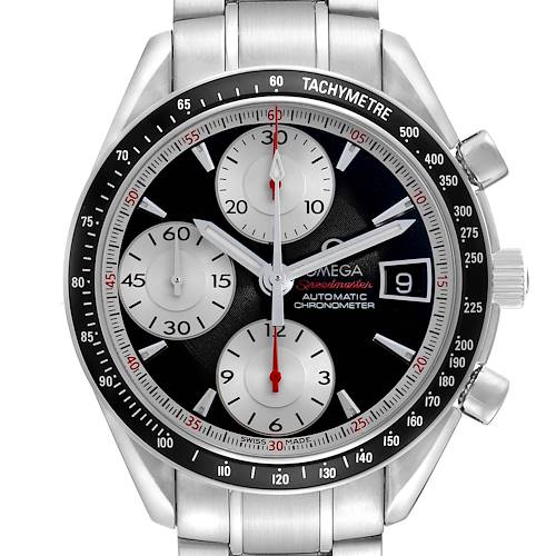 The Omega Speedmaster 3210.51.00 Men's Stainless Steel Black Dial watch is shown from a front angle, displaying its black dial, subdials, tachymeter bezel, and metal bracelet.