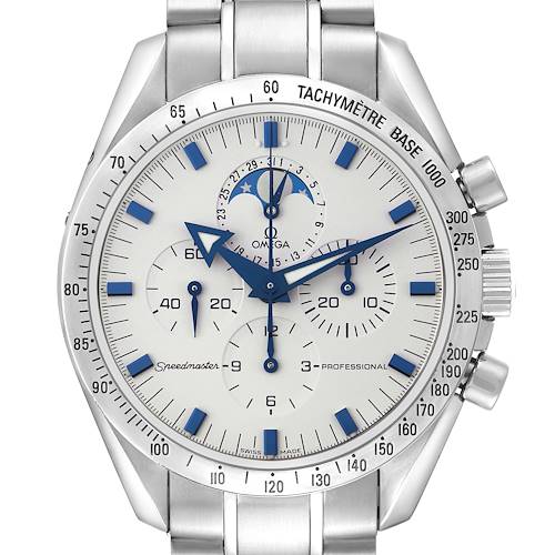 The Omega Speedmaster 3575.20.00 Men's Stainless Steel White Dial watch is shown from the front, displaying the dial, subdials, tachymeter bezel, and pushers.
