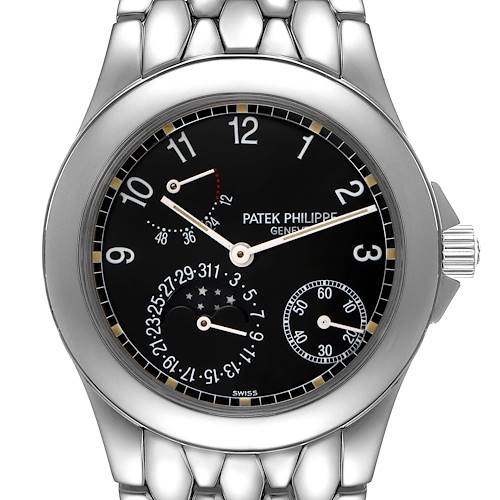 This image shows a frontal view of the Patek Philippe Neptune 5085A/1A-001 Men's Stainless Steel Black Dial 5085A/1A-001 Men's Stainless Steel Black Dial model watch, highlighting the dial, hour markers, hands, sub-dials, and metal bracelet.