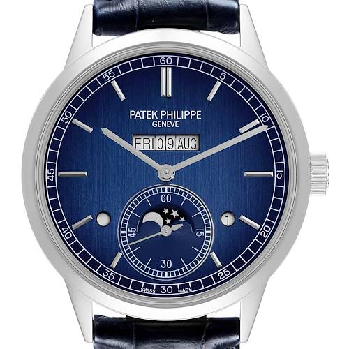 The image shows a frontal view of a Patek Philippe Complications 5236P-001 Men's Platinum Blue Dial watch, highlighting the dial, hands, date, and subdial features.