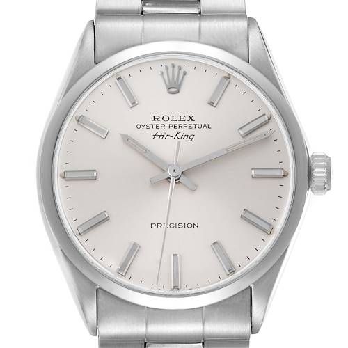 The Rolex Vintage Collection 5500 Men's Stainless Steel Silver Dial watch is shown from a front angle, displaying the dial, hands, markers, and crown.