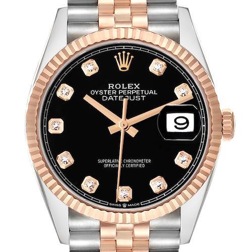 The Rolex Datejust 126231 Men's Steel and Gold (two tone) Black Dial watch is shown from the front, highlighting its dial, bezel, bracelet, and date window.