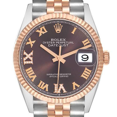 The Rolex Datejust 126231 Men's Steel and Gold (two tone) Brown Dial watch is shown from the front, highlighting the dial, hands, date magnifier, bezel, and part of the band.