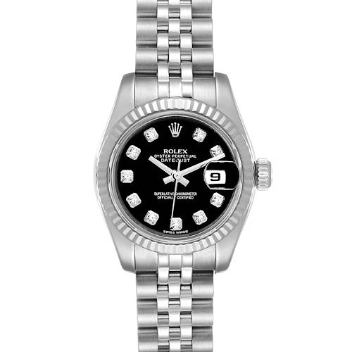 The image shows a front view of a Rolex Datejust 79174 Women's Stainless Steel Black Dial 79174 Women's Stainless Steel Black Dial watch, displaying its face, bezel, crown, and part of the bracelet.
