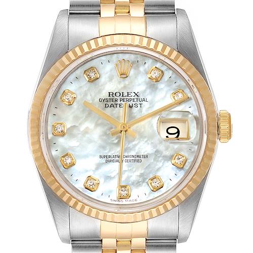 The image shows a frontal view of a Rolex Datejust 16233 Men's Steel and Gold (two tone) Mother of Pearl Dial 16233 Men's Steel and Gold (two tone) Mother of Pearl Dial watch, highlighting the dial, bezel, crown, and bracelet.