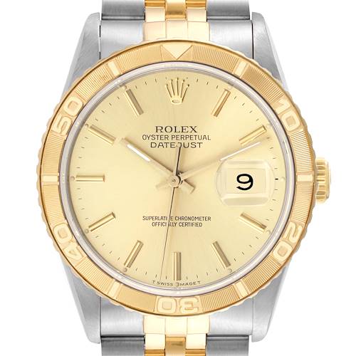 The image shows a frontal view of the Rolex Turn-o-Graph 16263 Men's Steel and Gold (two tone) Champagne Dial 16263 Men's Steel and Gold (two tone) Champagne Dial watch, highlighting its gold bezel, dial, and two-tone bracelet.