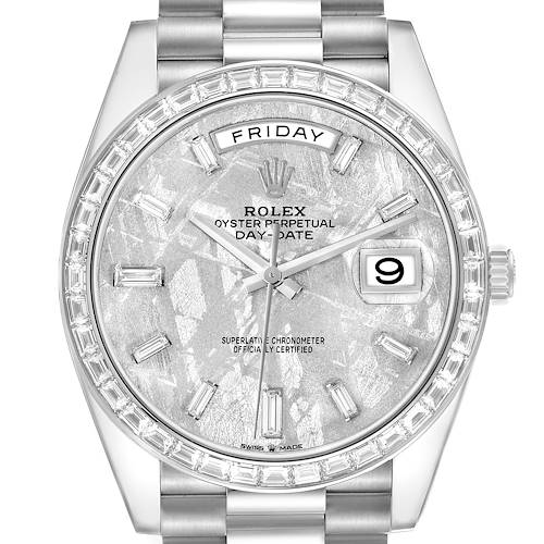 The Rolex President 228396 Men's Platinum Silver Dial model is shown from the front, featuring its dial, bezel, and part of the bracelet.