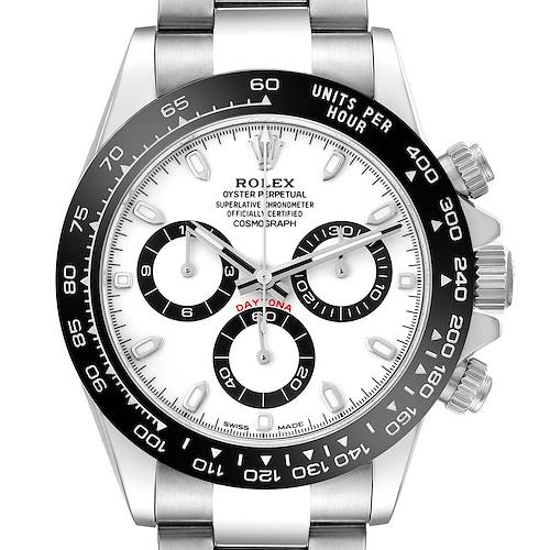 The image shows a frontal view of the Rolex Daytona 116500 Men's Stainless Steel White Dial watch, highlighting the dial, bezel, and crown.