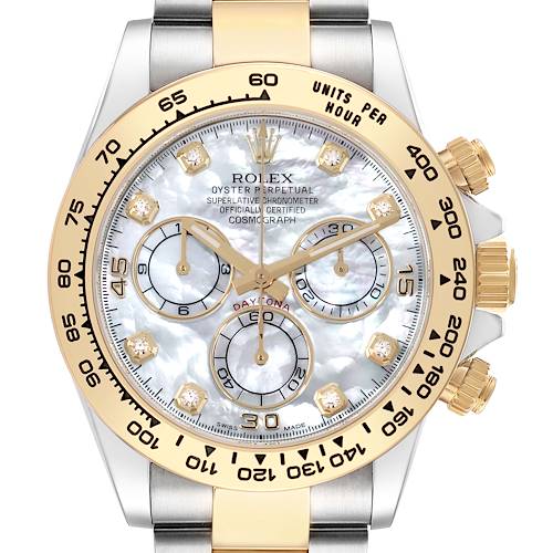 The image shows a frontal view of the Rolex Daytona 116503 Men's Steel and Gold (two tone) Mother of Pearl Dial watch, highlighting the dial, bezel, and side pushers.