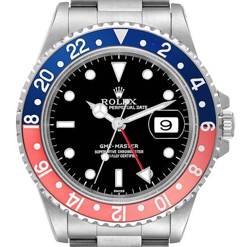 This image shows a front view of the Rolex GMT-Master 16700 Men's Stainless Steel Black Dial 16700 Men's Stainless Steel Black Dial watch, highlighting its bi-color bezel, dial, and hour markers.