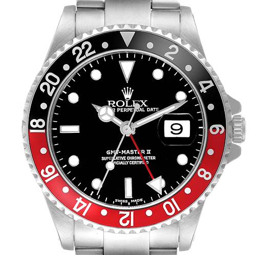 This image shows a front view of the Rolex GMT-Master 16710 Men's Stainless Steel Black Dial 16710 Men's Stainless Steel Black Dial II, highlighting the dial, bezel, date function at 3 o'clock, and bracelet.