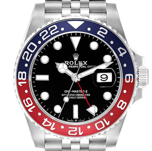 The image shows a front view of the Rolex GMT-Master 126710BLRO Men's Stainless Steel Black Dial 126710BLRO Men's Stainless Steel Black Dial II watch, highlighting the dial, bezel, and part of the metal strap.