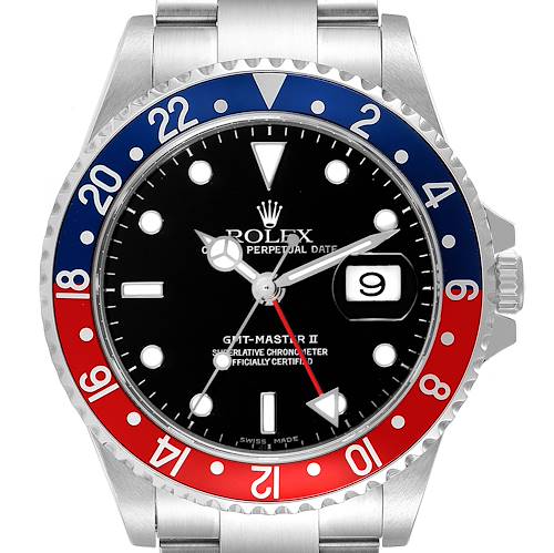 The image shows a front view of a Rolex GMT-Master 16710 Men's Stainless Steel Black Dial 16710 Men's Stainless Steel Black Dial II watch, highlighting its dial, bezel, and date window.