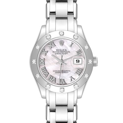 This image shows a front view of a Rolex Pearlmaster 80319 Women's White Gold Mother of Pearl Dial 80319 Women's White Gold Mother of Pearl Dial watch, highlighting the face, bezel with diamonds, and part of the bracelet.