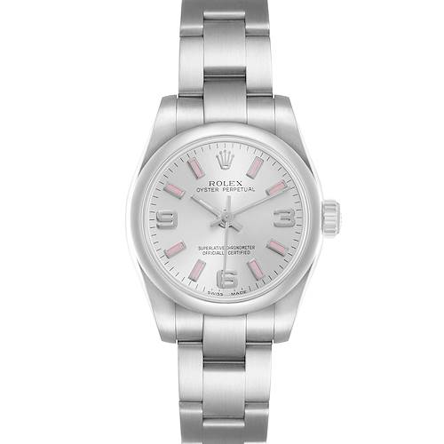The Rolex Oyster Perpetual 176200 Women's Stainless Steel Silver Dial watch is shown from a top-down angle, highlighting its face, bezel, and bracelet.