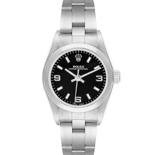 The Rolex Oyster Perpetual 76080 Women's Stainless Steel Black Dial watch is shown from a front angle, displaying the dial, bezel, crown, and bracelet.