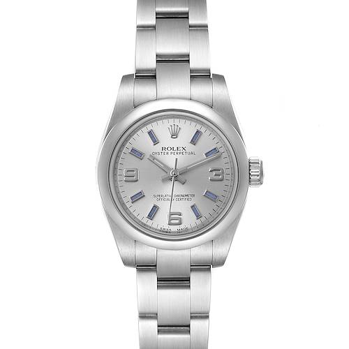 This image shows a front view of the Rolex Oyster Perpetual 176200 Women's Stainless Steel Silver Dial 176200 Women's Stainless Steel Silver Dial watch, displaying its dial, case, crown, and bracelet.