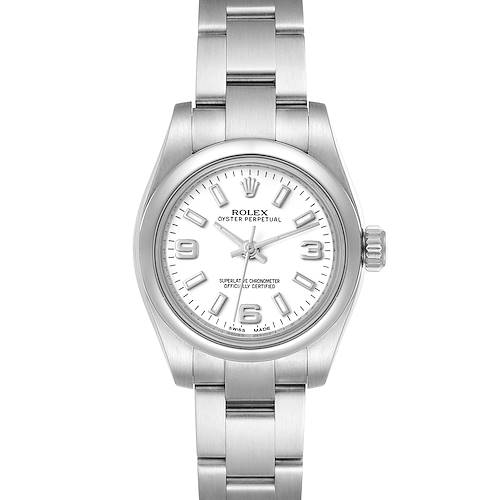 This is a front view of a Rolex Oyster Perpetual 176200 Women's Stainless Steel White Dial 176200 Women's Stainless Steel White Dial watch showing the face, bezel, and bracelet.