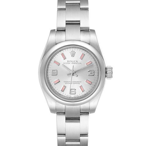 This image shows a front view of a Rolex Oyster Perpetual 176200 Women's Stainless Steel Silver Dial 176200 Women's Stainless Steel Silver Dial watch, highlighting its dial, bezel, crown, and bracelet.