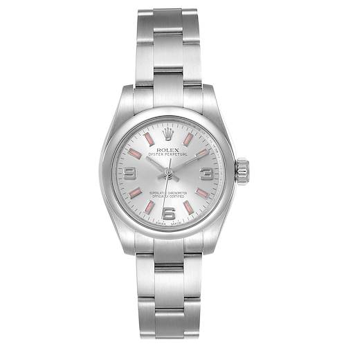 The image shows a front view of the Rolex Oyster Perpetual 176200 Women's Stainless Steel Silver Dial 176200 Women's Stainless Steel Silver Dial watch, showcasing the dial, case, bezel, and bracelet.