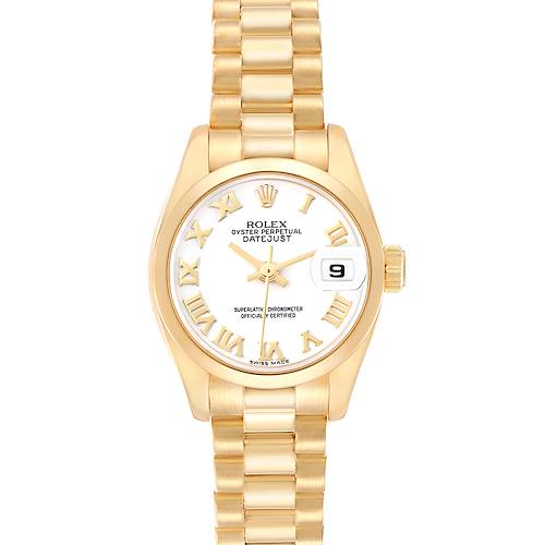 The Rolex President 179168 Men's Yellow Gold White Dial model is shown from the front, displaying the dial, numerals, date window, and bracelet.