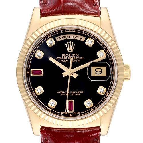 This is a front view of the Rolex President 118138 Men's Yellow Gold Black Dial 118138 Men's Yellow Gold Black Dial model watch, showing the dial, hands, day, date, and part of the leather strap.