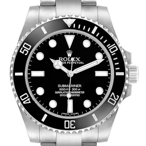 The Rolex Submariner 114060 Men's Stainless Steel Black Dial watch is shown from a front angle, displaying the dial, bezel, and part of the bracelet.