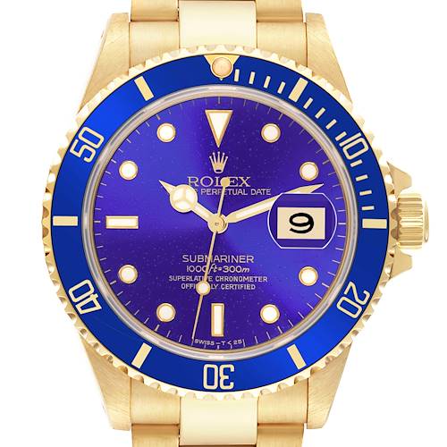 The Rolex Submariner 16618 Men's Yellow Gold Blue Dial is shown from a front angle, highlighting its blue bezel, gold bracelet, and dial with a date window.