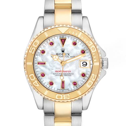 The Rolex Yacht-Master 168623 Men's Steel and Gold (two tone) Mother of Pearl Dial is shown from a straight-on angle, displaying the dial, bezel, and bracelet.