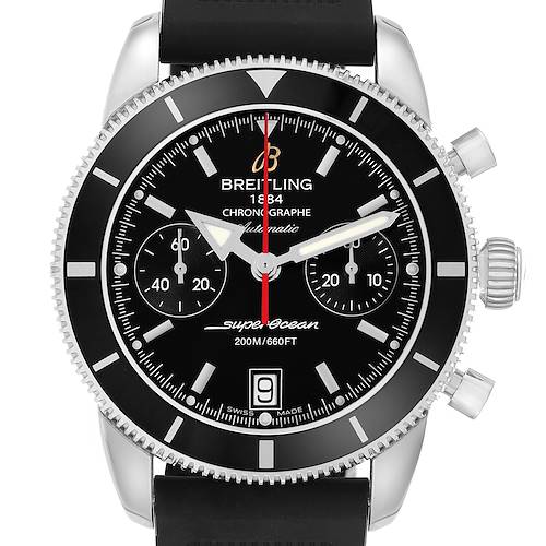 The Breitling Superocean A23370 Men's Stainless Steel Black Dial watch is shown from the front, displaying its dial, bezel, pushers, and crown.